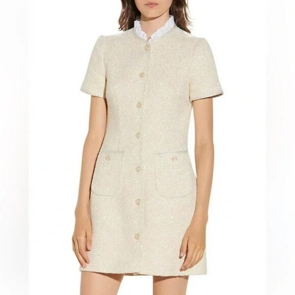 SANDRO Metallic Cotton Blend Tweed Short Sleeve Dress - Picture 1 of 11